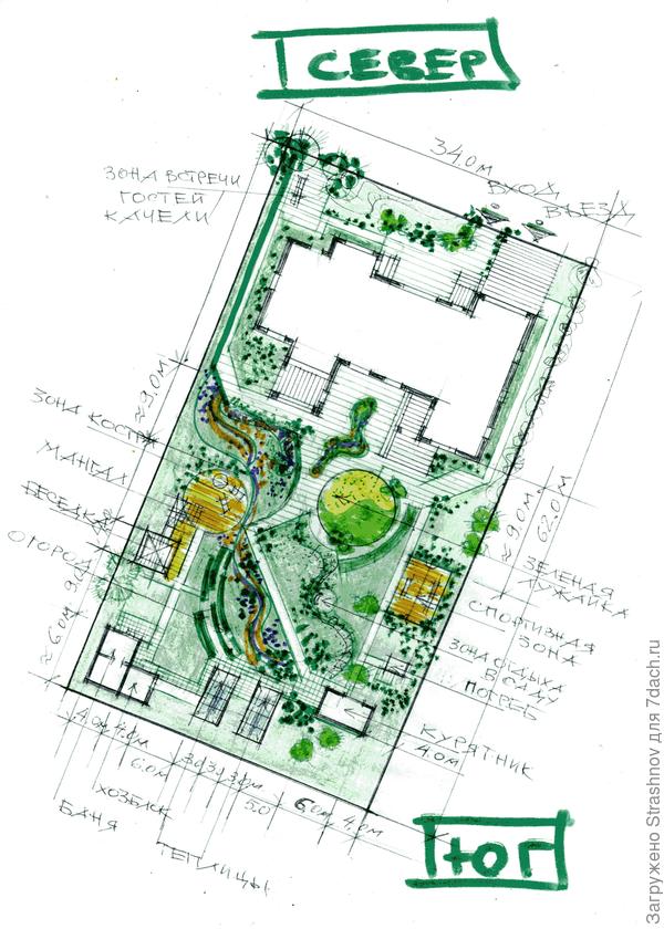Эскиз планировки прямоугольного участка на склоне