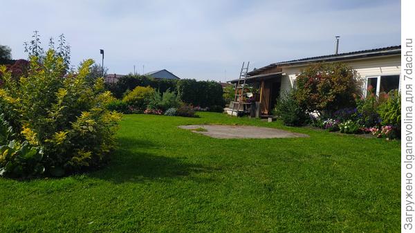 Это пространство мы закрыли от публики шпалерой, в глубине фотографии, над ней крыша Парфенона торчит. Там, где серое пятно на газоне, бассейн летом стоит