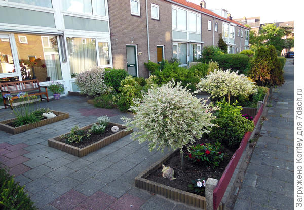 Можно посадить пару -тройку декоративных ив или других декоративны и невысоких деревьев, пару кустов роз или камелию, три-четыре декоративных кустика и положить столько же &quot;античных&quot; амфор или ваз