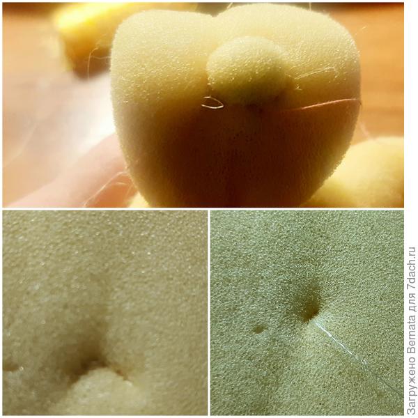 Иголкой с ниткой углубляем район глаз и рта, и приподнимаем район носа