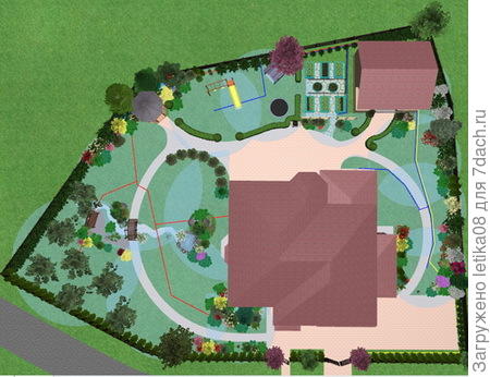 Проект поливной системы и расположение поливных голов и указан диаметр полива каждой поливной головы. И расположение емкостей для воды