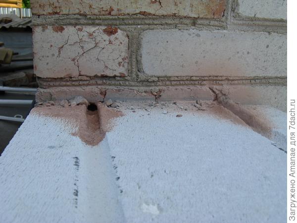 Присоединяем пристройку к жилому дому. Сверлим для арматуры входы, пропиливаем в газоблоке место для армопояса.