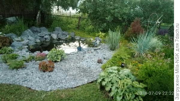 бордюрная лента вкопана между газоном и отсыпкой вокруг пруда