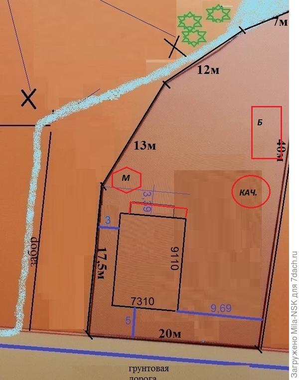 Вот примерно так я бы расположила постройки и основные объекты: М-мангальная зона, Б-баня, КАЧ-качели (их лучше расположить в этой стороне, чтобы меньше солнца туда попадало.