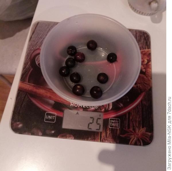 В среднем вес ягодки 2-2,5 г (в чашке 10 штук, 25 г-это вес только ягод без чашки).