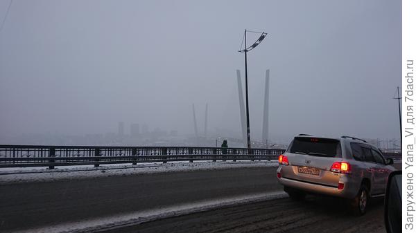 Золотой мост в пелене снега почти не виден