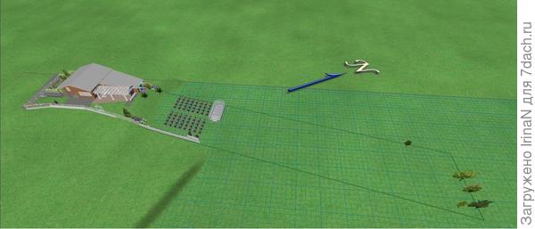 Вот такой у меня весь участок, с высоты птичьего полета! Это в программе рисовала, но в масштабе. 15х100 метров, да еще с уклоном. Какие тут извилистые дорожки и декоративный сад?