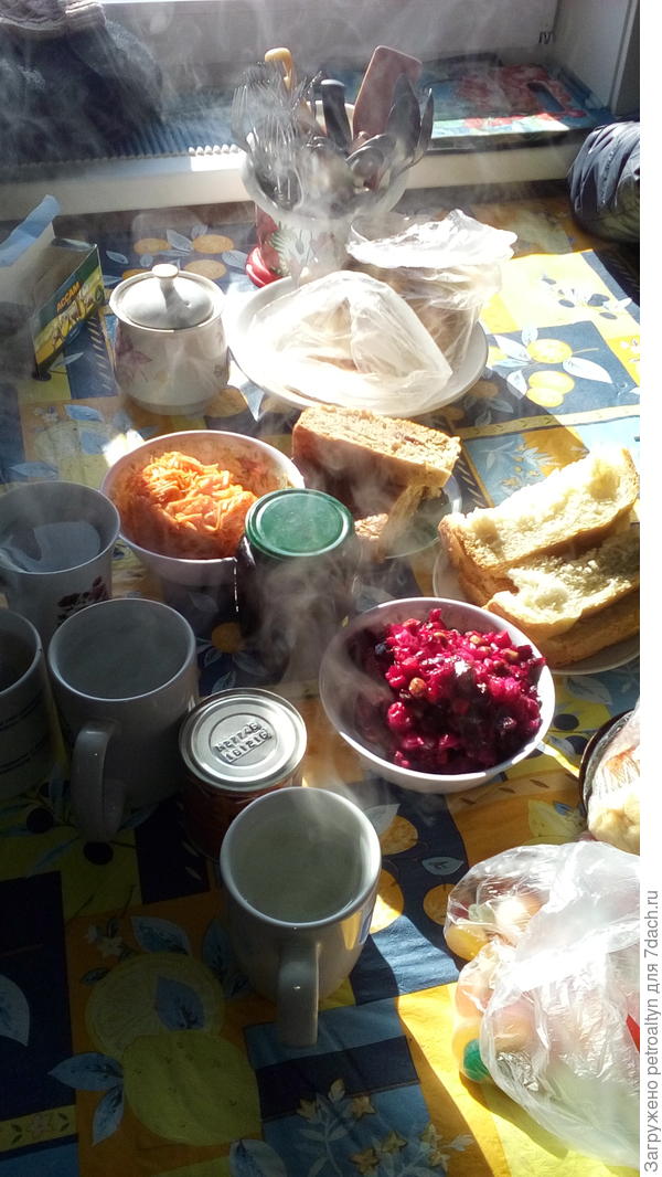 в доме топим во всю печь, но конечно не прогрелось еще, так что пар идет от горячего чая.