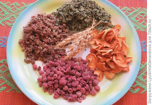 На этом блюде малина, клубника лесная, лист иван-чая, яблочки.