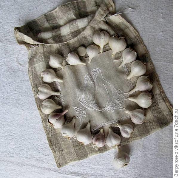 Вот таких мешочков я сделала несколько, сейчас надо и себе сделать для чесночка, прочитала у уважаемого Франса Хасановича, что льняной мешочек надо сильно просолить и вот тогда чеснок будет лучше храниться