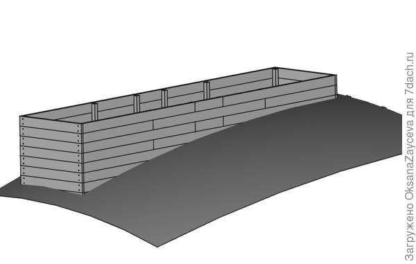 Нижние доски загоняются в землю или доотсыпаются камнями