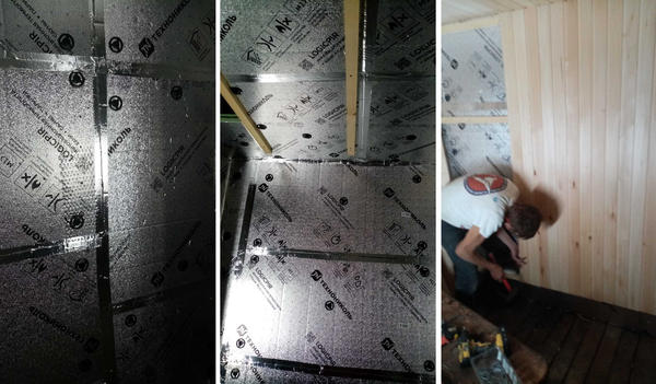 Проклеили стыки, закрепили рейки и обшили стены вагонкой