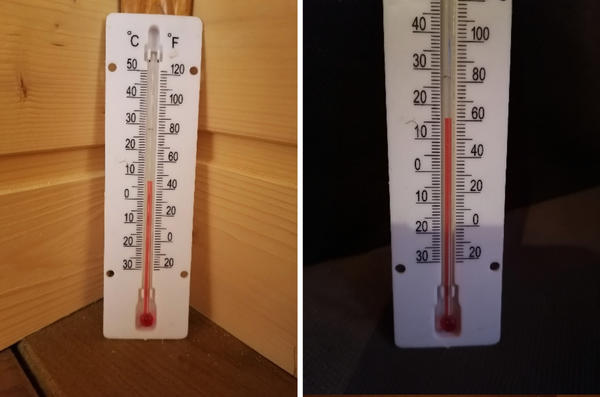Слева: температура на комнатном градуснике в 12:30, справа - в 17:00