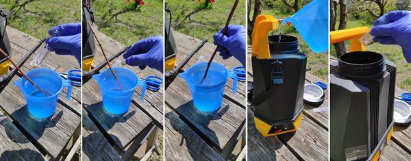 Пошаговое приготовление рабочей жидкости: в небольшом количестве воды разводим Биокилл и Корадо, перемешиваем, выливаем в емкость опрыскивателя, доливаем до 5 л, добавляем Панэм