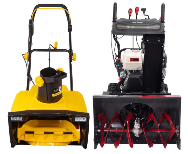 Слева: снегоуборщик Huter SGC 2500EL. Фото с сайта huter.ru. Справа: бензиновый снегоуборщик EVOline SBG 690 HE. Фото с сайта evo-russia.ru