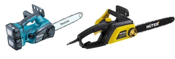 Слева: аккумуляторная пила Makita LXT DUC302Z. Фото с сайта makita.ru.com. Справа: бытовая электропила Huter ELS-2200P. Фото с сайта huter.ru