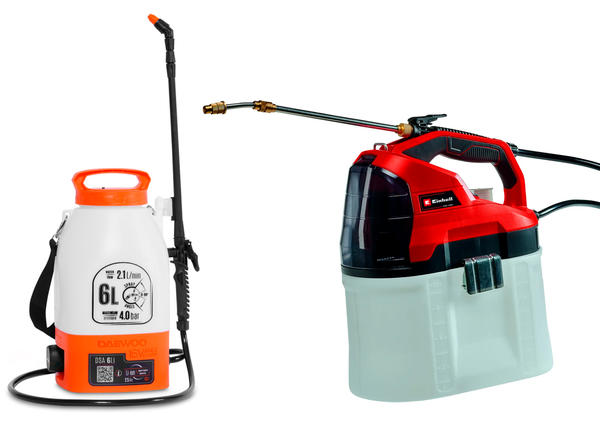 Слева - аккумуляторный опрыскиватель Daewoo DSA 6 Li. Фото с сайта daewoo-shop.com. Справа - Einhell PXC GE-WS 18/75 Li-Solo. Фото с сайта shop-einhell.ru