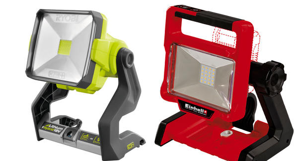 Слева: прожектор Ryobi R18ALH-0 ONE+. Фото с сайта ryobi-shop.ru. Справа: прожектор Einhell TE-CL 18/2000 LiAC-Solo. Фото с сайта shop-einhell.ru