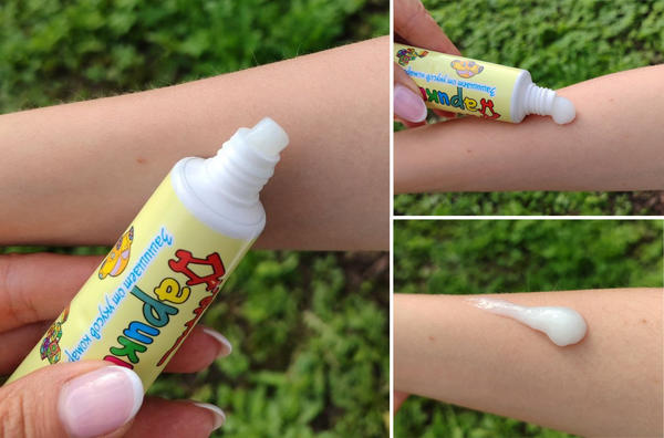 Наношу крем от комаров ребенку на руку