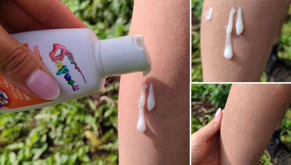 Наношу молочко от комаров ребенку на ногу