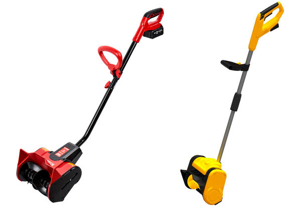 Слева: электролопата на батарее Elitech СЛ 2030АК. Фото с сайта elitech.ru. Справа: аккумуляторная лопата Huter SGC 20-2Li. Фото с сайта huter.ru