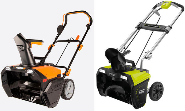 Аккумуляторные снегоуборщики. Слева - Worx WG471E. Фото с сайта worx.tools-russia.ru. Справа - Ryobi RST36B51. Фото с сайта ryobi-shop.ru