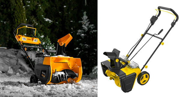 Снегоуборщики. Слева — Denzel ESB-460-0 (фото с сайта denzel-power.com). Справа — Huter SGC 40-Li (фото с сайта huter.ru)