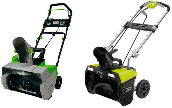 Снегоуборщики. Слева — Redverg RD-SB36-460BL/U (фото с сайта redverg.ru). Справа — Ryobi RST36B51 (фото с сайта ru.ryobitools.eu)