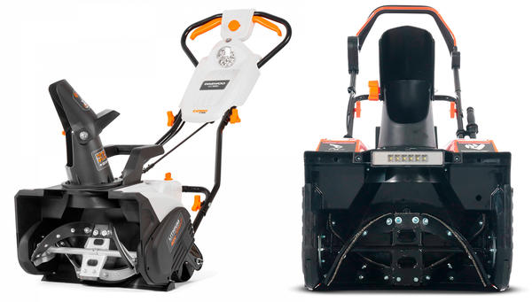 Снегоуборщики с резино-металлическим шнеком. Слева — Daewoo DAST 5040Li (фото с сайта daewoo-power.ru). Справа — Yard Fox Basic 4625E (фото с сайта shop-yardfox.ru)