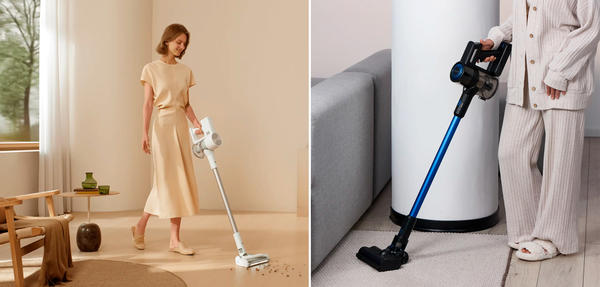 Слева: пылесос Xiaomi Vacuum Cleaner G20 Lite со встроенным аккумулятором. Фото с сайта mi.com. Справа: пылесос Wollmer D707 Sapphire. Фото с сайта wollmer.ru