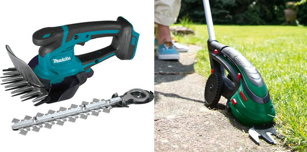 Слева: модель Makita DUM604Z. Фото с сайта makitarussia.ru. Справа: миниатюрные аккумуляторные ножницы BOSCH Isio 3. Фото с сайта b-tools.ru