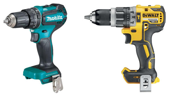 Слева: дрель-шуруповерт Makita DHP485Z. Фото с сайта makitatrading.ru. Справа: модель DeWALT DCD796NT. Фото с сайта dewalt.store