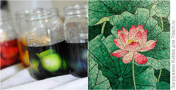 А это уже непосредственно мозаика, когда скорлупа окрашивается предварительно, а уже потом из нее выкладывается рисунок.