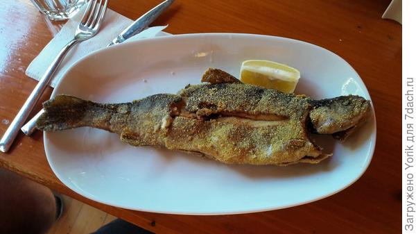 Первая подача - форель на гриле в панировке из кукурузной крупки. Подача простая, с долькой лимона, чтобы при желании сбрызнуть лимонным соком
