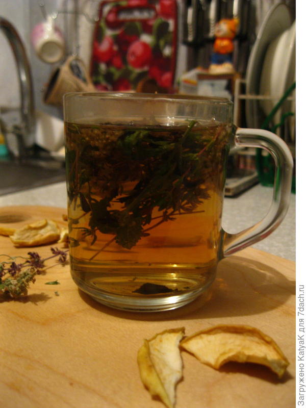 Два вида тимьяна+ мелисса+ щепотка черного листового. Только прозрачная кружка, так красиво пить, чтобы цвет чая был виден)) Похоже у нас с Катей кружки одинаковые)))