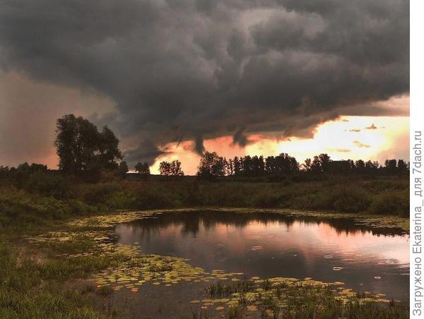 Небо затянуто тучами серыми, грома раскаты слышны вдалеке...;