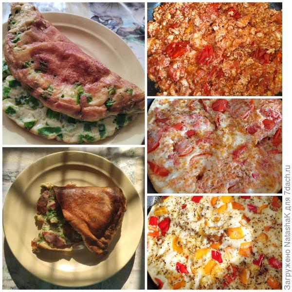 Омлет с зеленым луком, омлет с колбасой и укропом, яичница с помидорами, омлет с помидорами и прованскими травами, омлет со сладким перцем и прованскими травами.