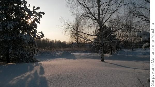 Солнце зимой встает не торопясь, потихоньку освещая сугробы.