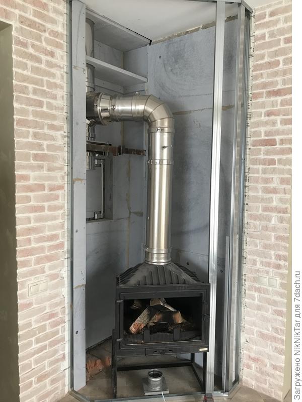 Установка топки на подставку и подключение к дымоходу.