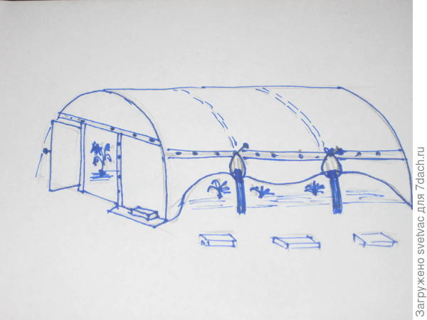 А так она выглядела накрытая плёнкой, проветривала не только при помощи двери, но и с боков могла плёнку подвязать, плёнка приколочена к рейкам, снизу держат её всё те же кирпичи, сооружается за один - два дня