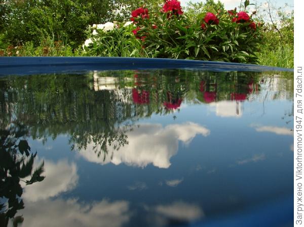 Через отражение водной гладью. (бочка с водой)