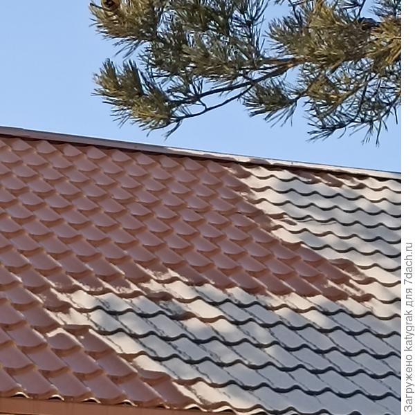 Тень от сосны рисует на крыше свои узоры.