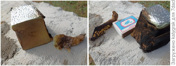 Слева последствия воздействия на утеплитель и пену строительным феном (температура 450-600 градусов), справа реакция на открытое пламя.