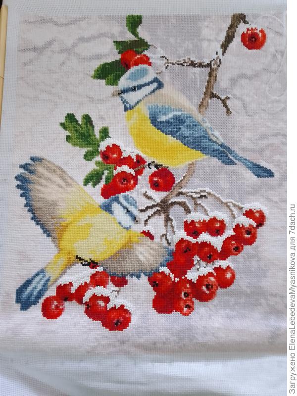 Синички. Работа ещё на пяльцах, осталось вышить снег бисером в верхнем правом углу.