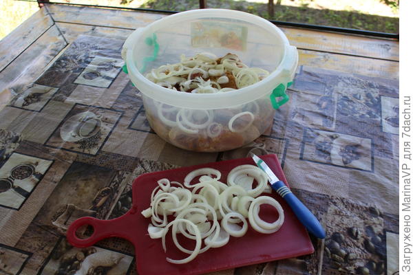 Теперь режем лук. Я люблю колечками