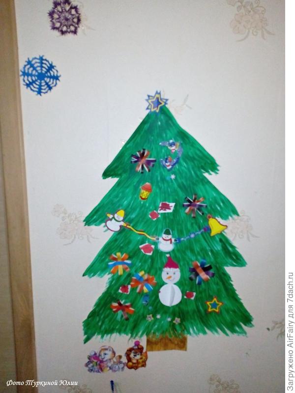 Рисованная елочка с игрушками из бумаги и солёного теста