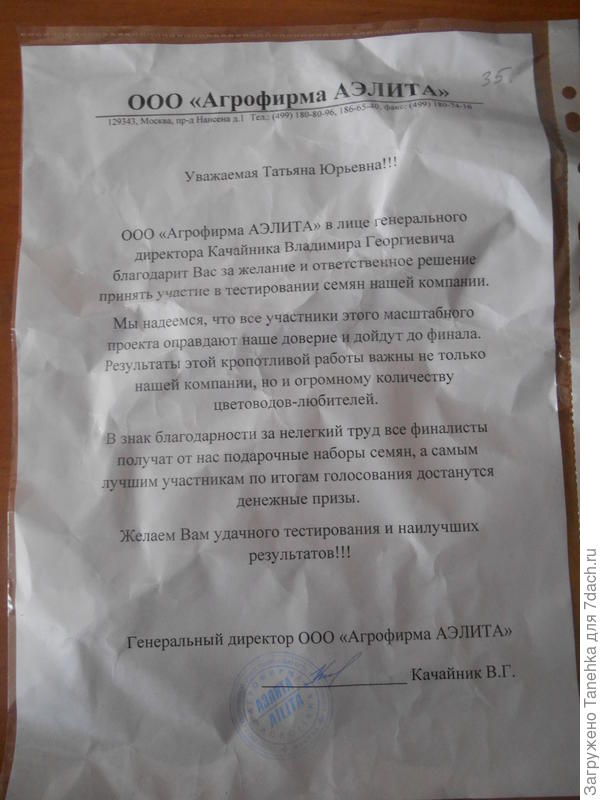 Письмо от руководства Аэлиты
