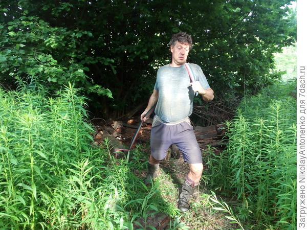 Волоку шпалу от куста к переправе.