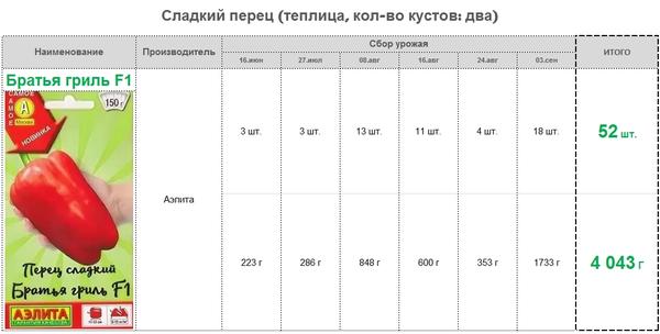 Информация по сборам и урожайности перцев