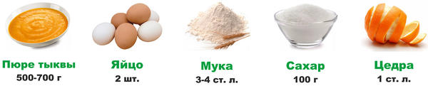 Тыквенное пюре (густое) – 600-700 г
Яйцо – 2 шт.
Сахар – 100-130 г (добавила 3 ст. л.)
Мука – 3-4 ст. л.
Цедра одного-двух апельсинов